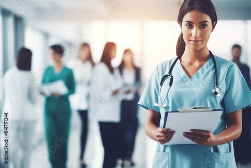 Smiling Female Nurse Leading Group of Medical Professionals Down Hospital Cor...