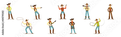 Man North American Cowboy Character in Hat Vector Set