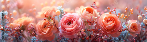 A beautiful and vibrant close-up of a variety of flowers in shades of pink and orange. The flowers are set against a soft, out-of-focus background.
