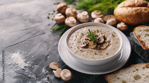 Creamy mushroom soup, a menu item for restaurant advertisement.