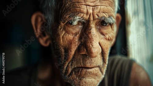 Close-up portrait of an elderly man with profound wrinkles and a thoughtful expression. © VK Studio