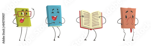 Cute Humanized Book Character in Hard Cover with Arm and Legs Vector Set