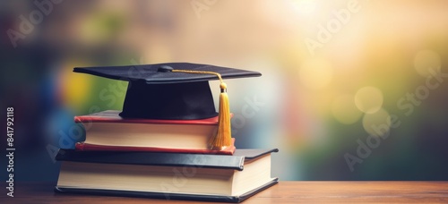 Graduation Cap and Books on Wooden Table With Blurred Background