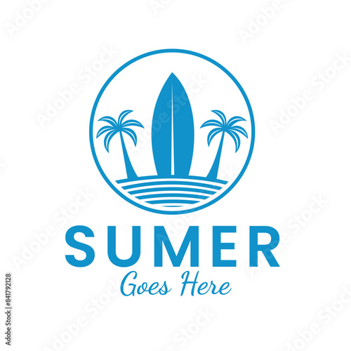 Vector illustration of Surfboard with Tropical Palm Trees for Summer Surf logo design