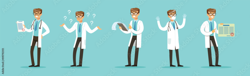 Man Doctor Character in White Coat with Stethoscope in Different Pose Vector Set Man Doctor Character in White Coat with Stethoscope in Different Pose Vector Set