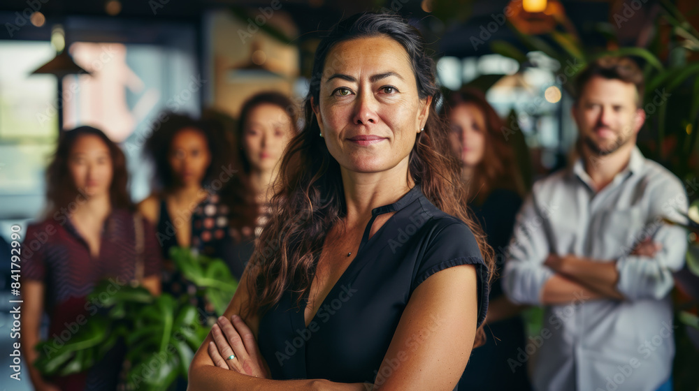 Obraz premium A confident businesswoman standing in an office with a diverse group of colleagues blurred in the background.