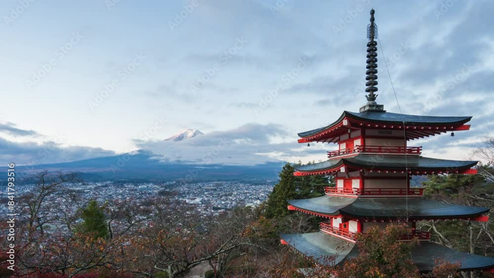 Timelapse of sunrise over Mount Fuji with the historic Chureito Pagoda in autumn season, Fujiyoshida, Japan, zoom out. Timelapse of sunrise over Mount Fuji with the historic Chureito Pagoda in autumn season, Fujiyoshida, Japan, zoom out.