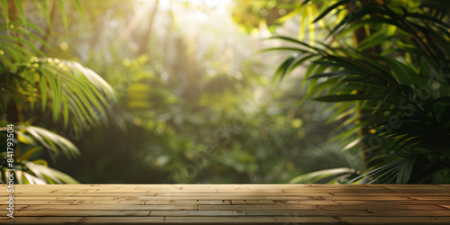 Natural bamboo tabletop with ambient lighting, set against a blurred tropical rainforest background, suitable for organic products or nature-inspired decor