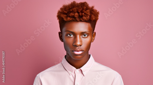 Portrait of a serious troubled African American red-haired teenager guy with perfect skin, pink background, banner. © ALA