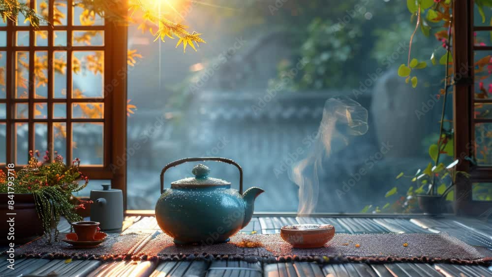 Chinese tea ceremony. Brown ceramic pot and brown cup .Green tea on bamboo mat, aged wooden table. Japanese Tea - Hot Teapot And Teacups On Bamboo Mat