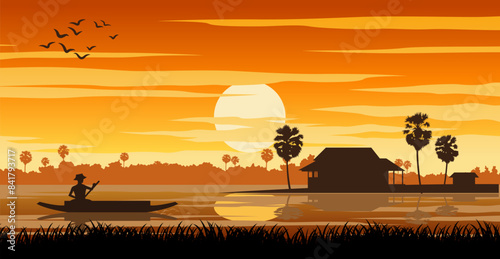 Rural life with man paddle boat and hut in sunset time,illustration