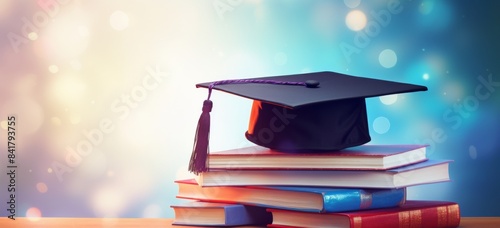 Graduation Cap Atop Stack of Books Against Blue Background
