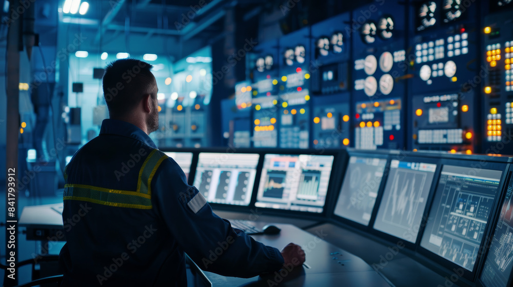 A worker monitors complex control panels in a high-tech control room, with multiple screens displaying data and system status. A worker monitors complex control panels in a high-tech control room, with multiple screens displaying data and system status.
