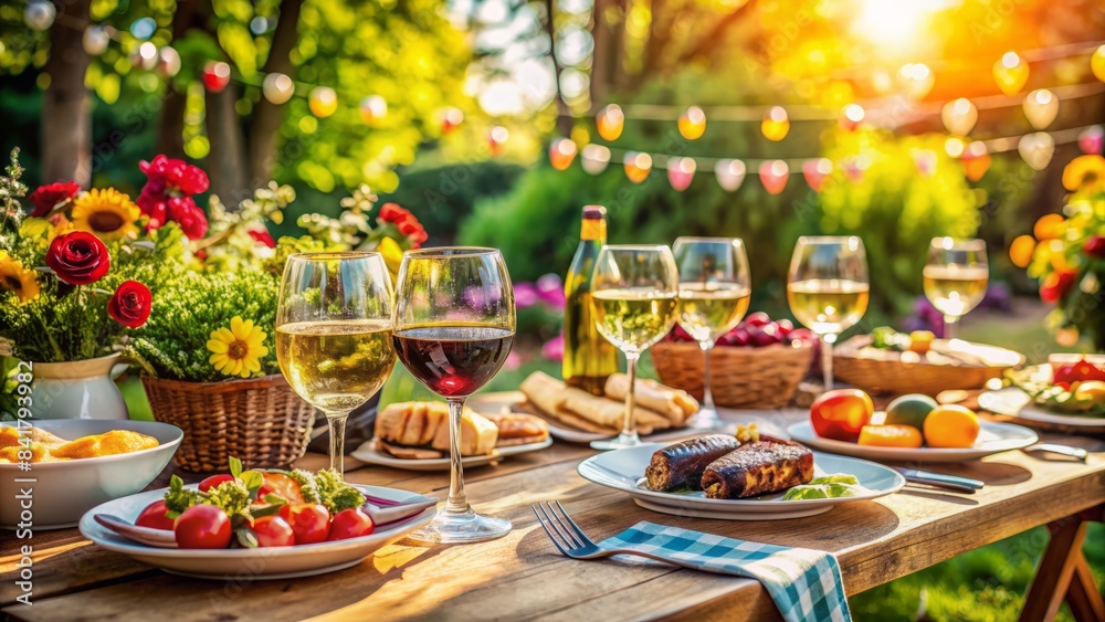 Vibrant outdoor setting with wine glasses, bbq feast, and summery decorations at a garden restaurant, capturing the essence of a lively dinner party atmosphere. Vibrant outdoor setting with wine glasses, bbq feast, and summery decorations at a garden restaurant, capturing the essence of a lively dinner party atmosphere.