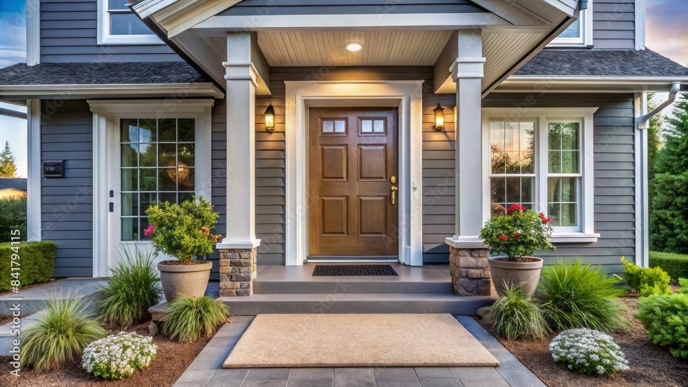 Newly purchased modern suburban home with front door, welcome mat, and real estate agent's business card on doorstep, symbolizing new chapter in homeownership journey. Newly purchased modern suburban home with front door, welcome mat, and real estate agent's business card on doorstep, symbolizing new chapter in homeownership journey.