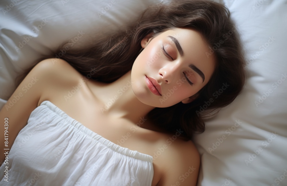 Woman Sleeping in Bed With White Bedding and Sheer Curtains Woman Sleeping in Bed With White Bedding and Sheer Curtains
