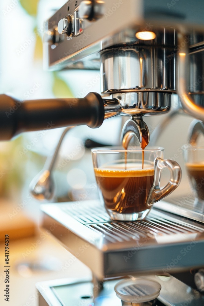 process of espresso coffee preparing with coffee machine, closeup of cup and portafilter