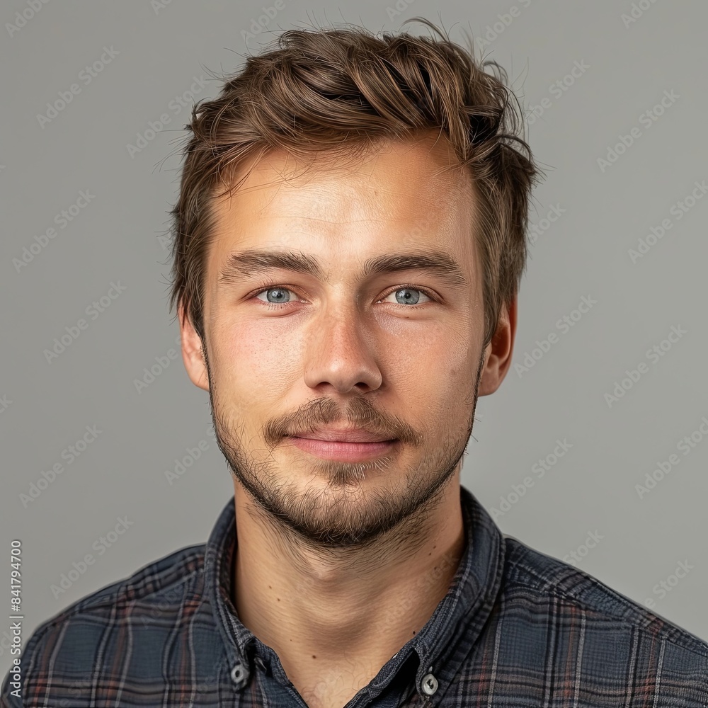 Obraz premium A young man of European appearance in a black shirt looks at the camera. Close-up photo