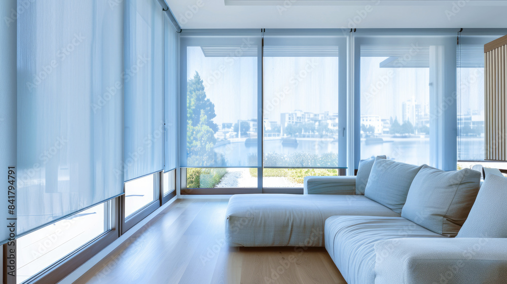 Fototapeta premium Light blue roller blinds bring light into the room with modern fashionable interior design.