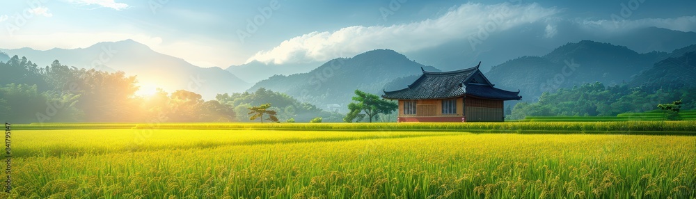 Serene sunrise over lush rice fields with a traditional house and misty mountains in the background, capturing tranquility and natural beauty. Serene sunrise over lush rice fields with a traditional house and misty mountains in the background, capturing tranquility and natural beauty.