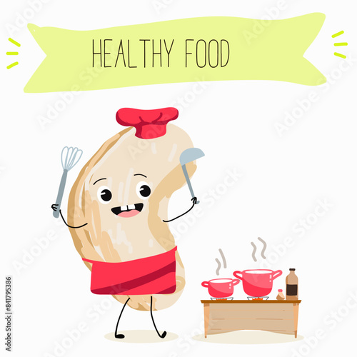 Cute Cashew nut characters, funny nuts, with different activities, outdoor, sports,musical instrument. Organic food, healthy food, illustrations for kids menu.