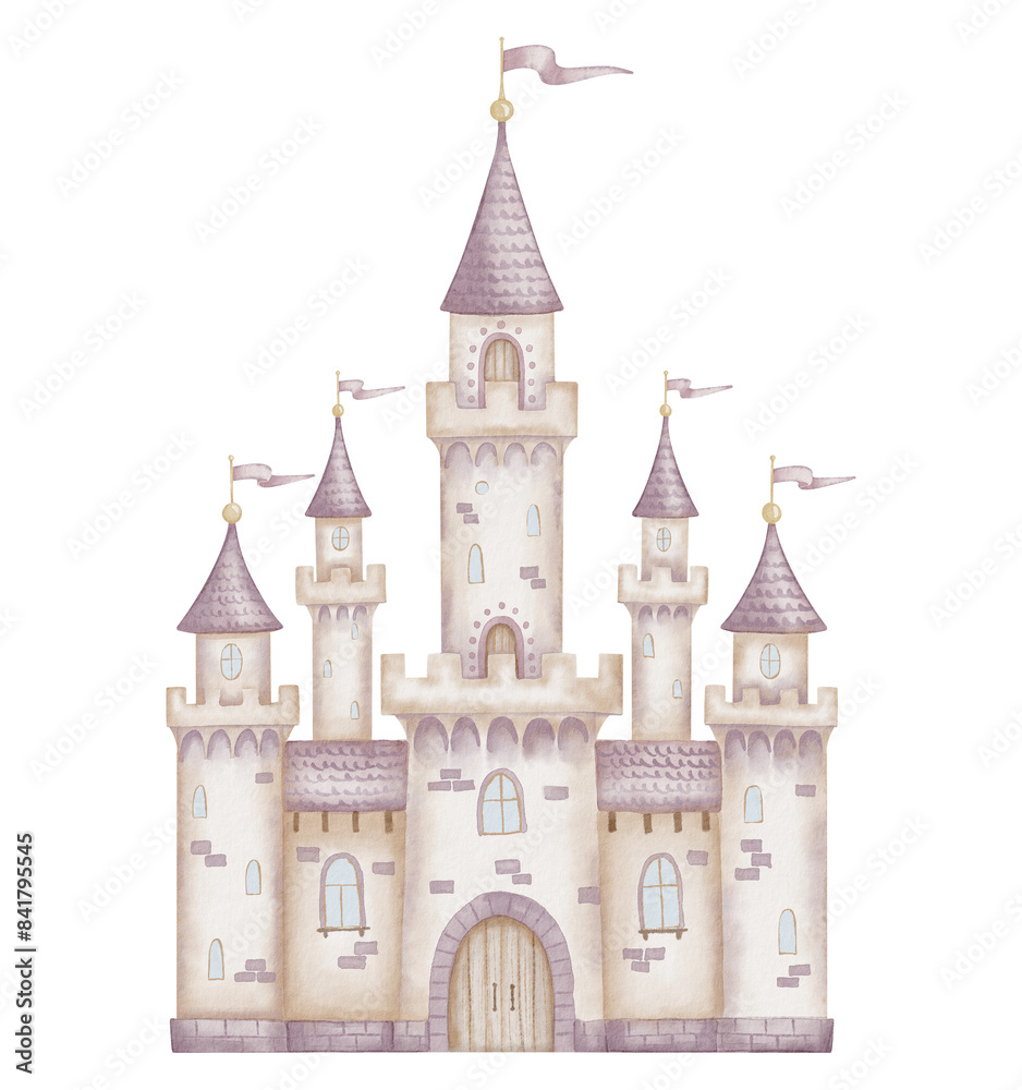 Obraz premium Castle watercolor illustration. Illustration of Fairytale palace with towers in pastel pink colors for baby greeting cards and girl nursery wall art. Magic fortress for kid design and childish poster.