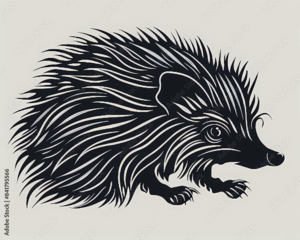 Obraz premium Black hedgehog silhouette with graphic pattern. Wild animals themed tattoo design. Print for clothes. stylized shape silhouette hedgehog logo.