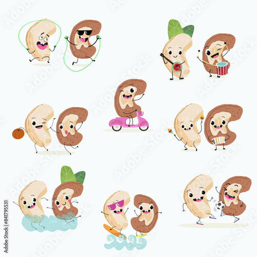 Cute cashew characters set, collection. Flat vector illustration. Activities, playing musical instruments, sports, funny nuts.
