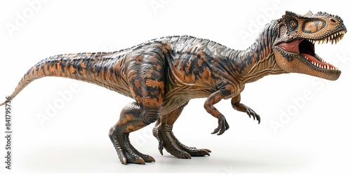 A fearsome Tyrannosaurus figurine against a white background  embodying ancient Jurassic power.