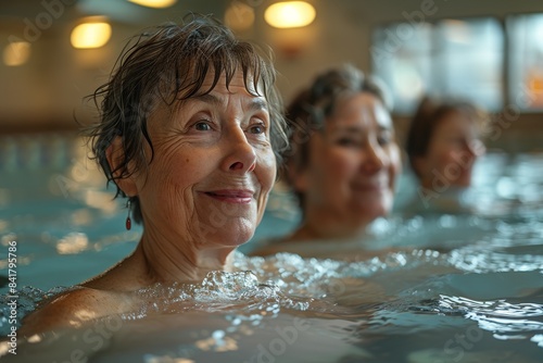 A cheerful group  including a smiling senior woman  trains in water for active fitness.