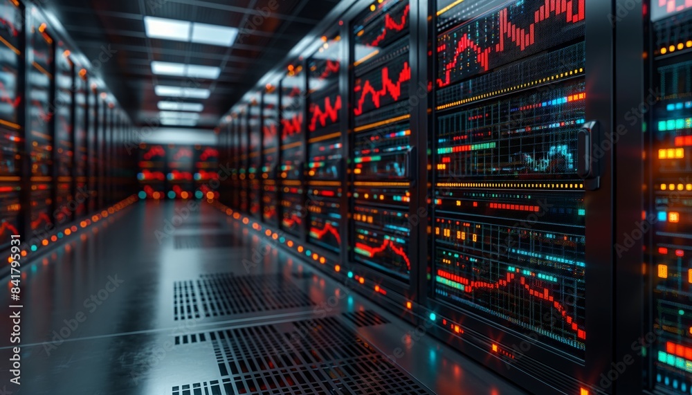 Server aisle with red and white data overlays Server aisle with red and white data overlays