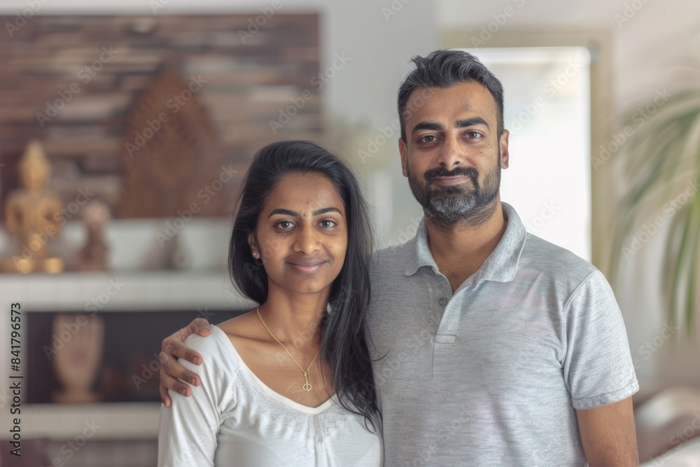 Portrait of a content indian couple in their 30s wearing a breathable golf polo isolated on serene meditation room Portrait of a content indian couple in their 30s wearing a breathable golf polo isolated on serene meditation room