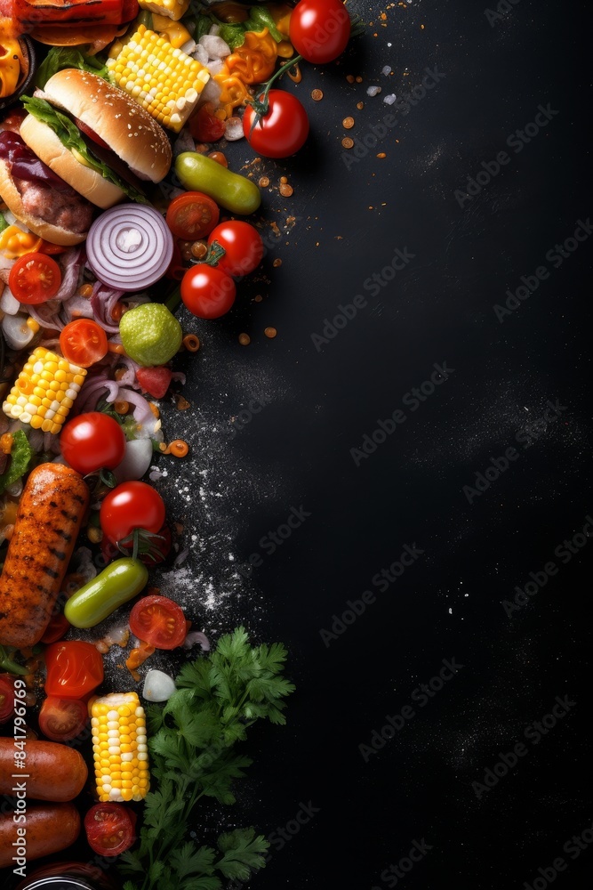 Summer BBQ food corner border with hot dog and hamburger buffet Summer BBQ food corner border with hot dog and hamburger buffet