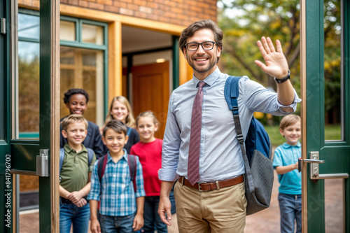 A cheerful teacher stands at the entrance of a school, warmly greeting students on the first day of the new school year.
