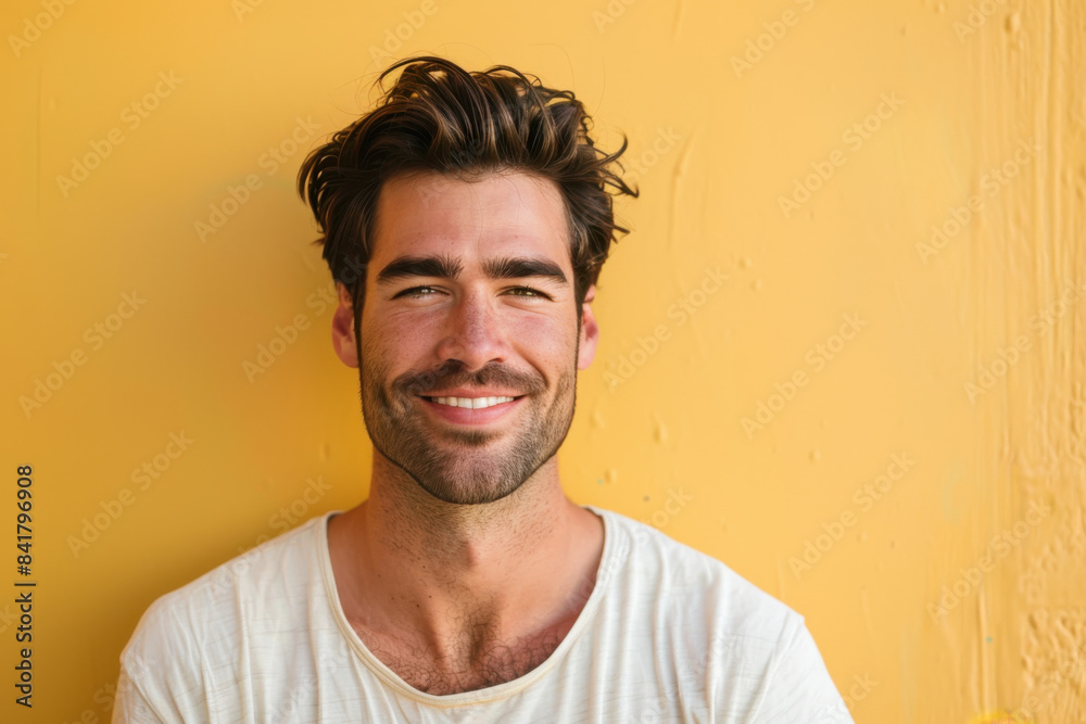 A close up portrait of a young man with a subtle smile