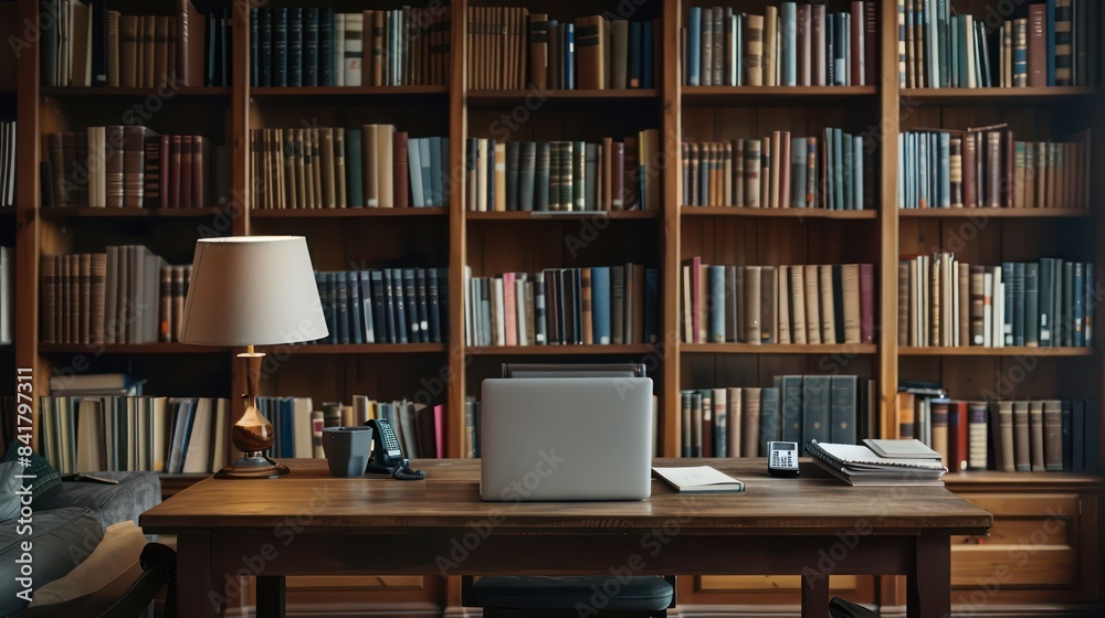 A desk or study area in a library with open books and a laptop, leaving space on the desk or screen for incorporating text A desk or study area in a library with open books and a laptop, leaving space on the desk or screen for incorporating text