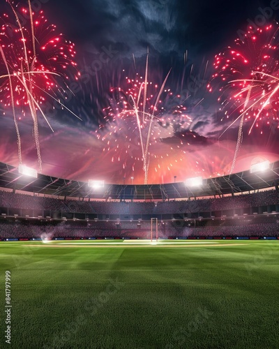 "Thrilling Victory: Sold-Out Cricket Stadium Aglow with Red Fireworks, View from the Wicket" © FU