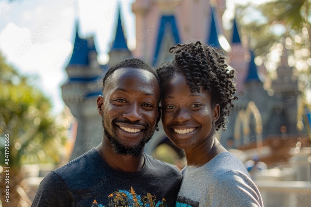 Portrait of a happy afro-american couple in their 20s sporting a technical climbing shirt isolated in backdrop of a grand castle Portrait of a happy afro-american couple in their 20s sporting a technical climbing shirt isolated in backdrop of a grand castle