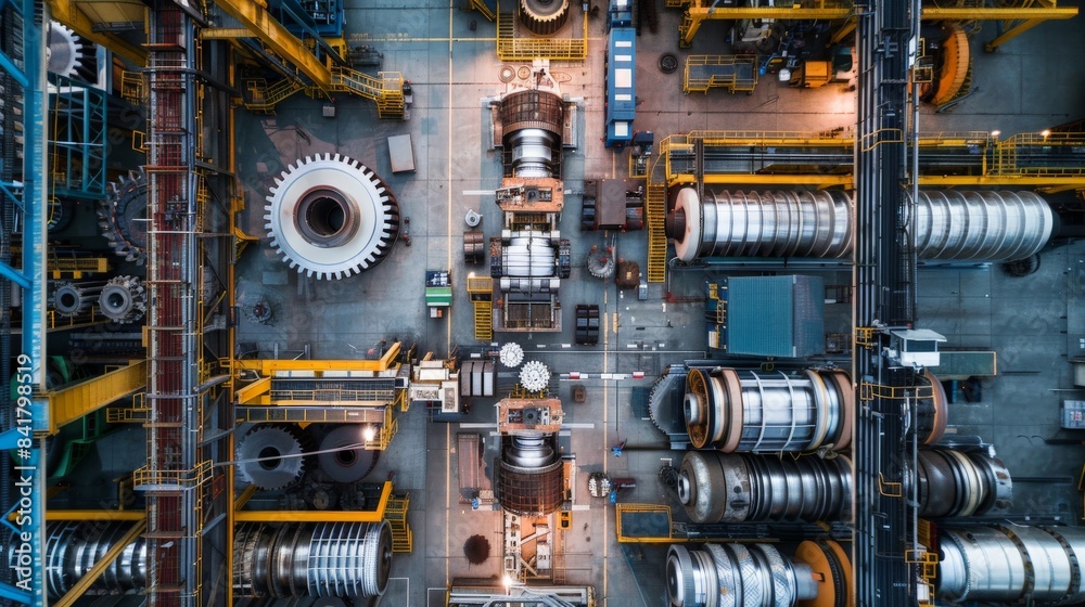 An aerial view of a sprawling industrial floor filled with machines and gear wheels An aerial view of a sprawling industrial floor filled with machines and gear wheels
