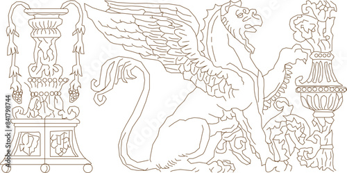Sketch illustration silhouette vector drawing detail ornate ornament classical vintage ethnic traditional winged mythological animal