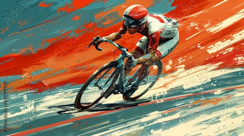 Velodrome Cycling Competition: Illustrate a velodrome cycling competition with streamlined bikes and riders racing on a banked track.