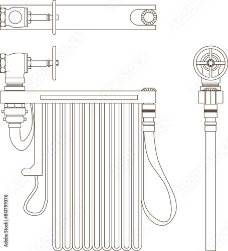Vector silhouette illustration sketch design drawing light fire extinguisher pipe hydrant water hose