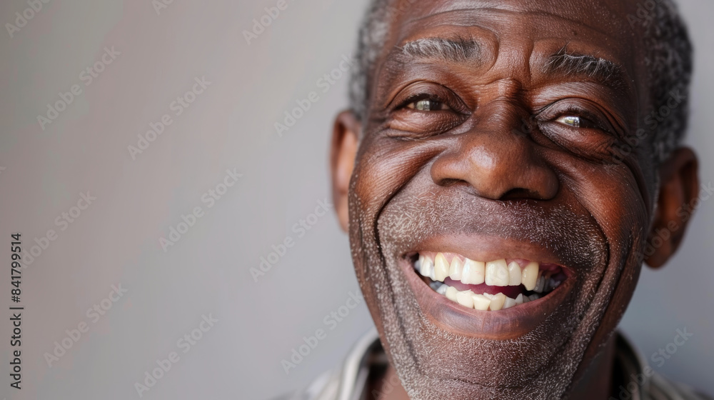 Obraz premium A close-up of an elderly man with a wide smile, exuding warmth and joy, captured against a simple backdrop.