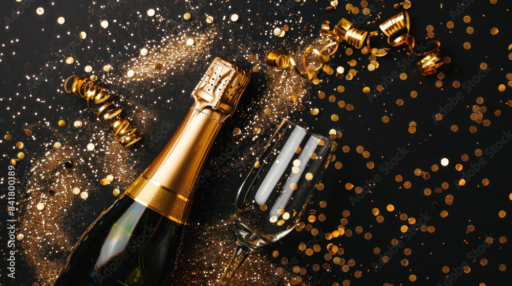 Fototapeta premium Champagne bottle and glass with festive ribbons