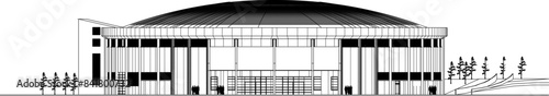 Vector silhouette illustration sketch, architectural design engineering drawing, front view of a swimming sports building for competitions