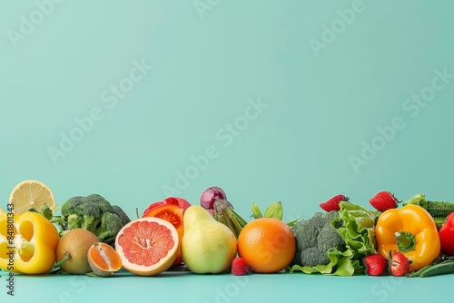 A variety of fruits and vegetables displayed on a blue table