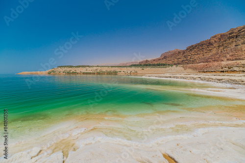 Captivating view panorama of the tranquil Dead Sea against a clear sky  showcasing Jordan s unique natural beauty and mineralrich landscapes in Jordan