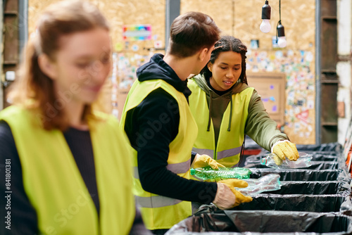 Cuadro en lienzo Young volunteers in gloves and safety vests sorting trash together in a community effort