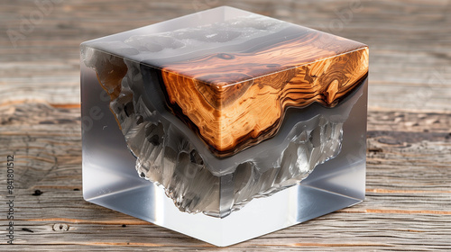 Resin-Infused Wood Cube. A polished cube showcasing a cross-section of agarwood encased in clear resin. Aquilaria crassna.  photo