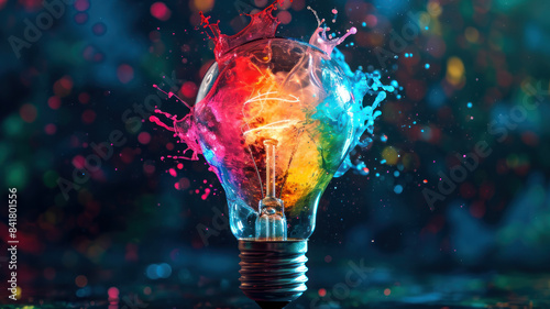 Creative concept light bulb broken explodes with colorful powder colors on a light dark background